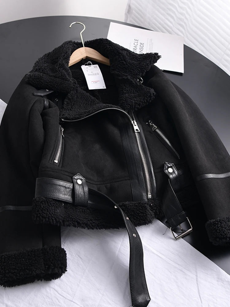 Sophie élégante veste en cuir doublée shearling