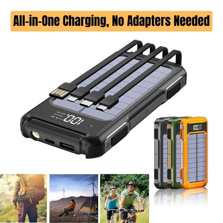 20000mAh Solar Power Bank with Built-in Cables and Fast Charging