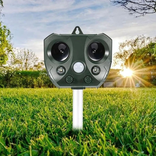 Solar Ultrasonic Animal and Bird Repellent, 110° Motion Detector and LED, IPX4